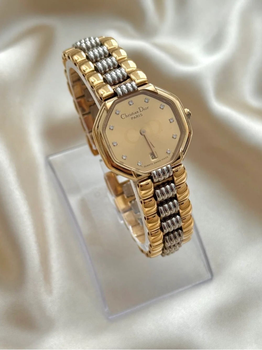 AUTHENTIC VINTAGE DIOR TWO-TONED WATCH - DIAMOND HOUR MARKERS - Picture 2 of 7